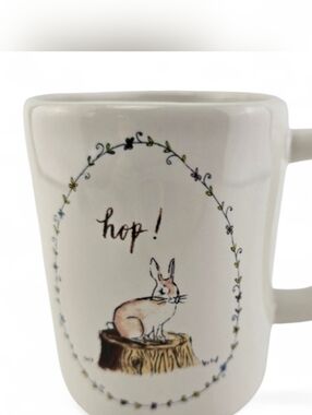 Rae Dunn Artisan Collection Magenta Hop! Bunny Graphic White Ceramic Festive Mug